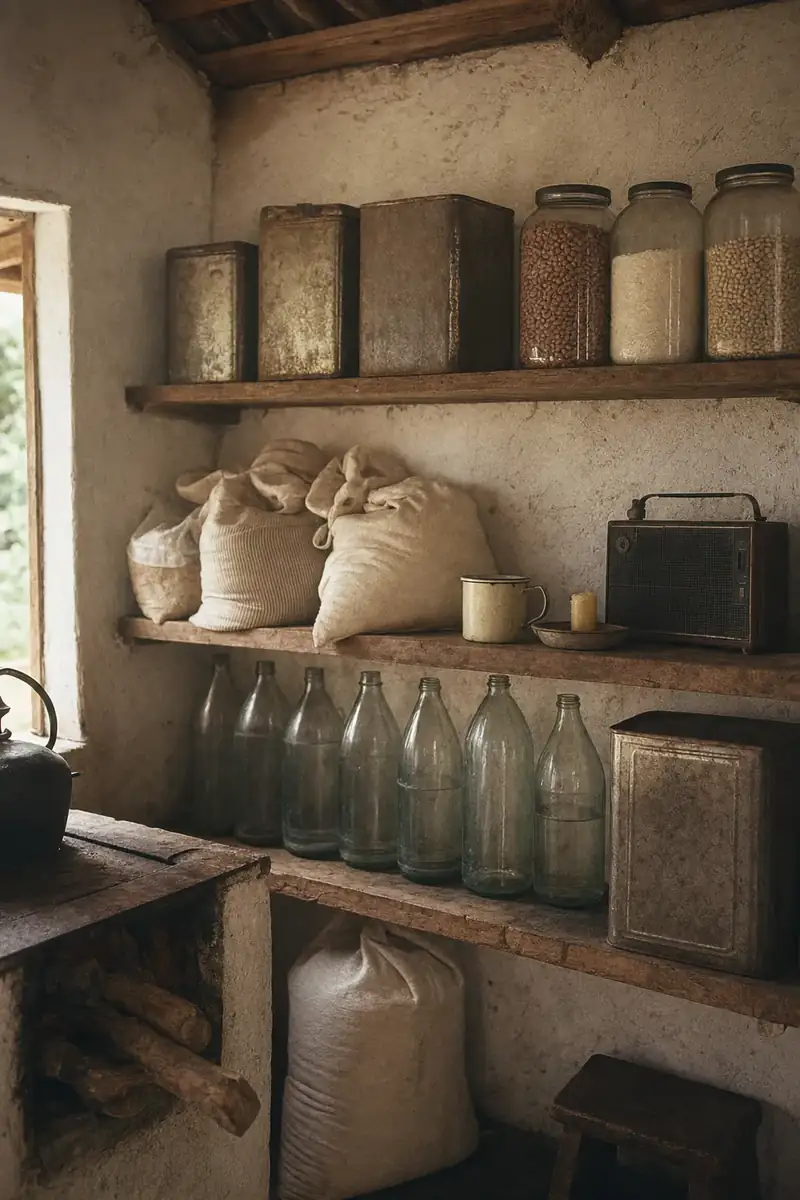 Despensa de uma casa do interior: latas de óleo reaproveitadas, potes de feijão e arroz, garrafas de água, vela e rádio de pilha na prateleira