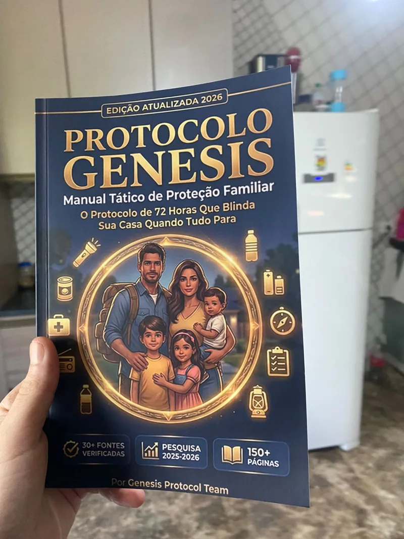 O livro Protocolo Genesis na mão, numa cozinha de hoje, com a geladeira ao fundo
