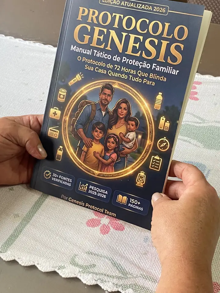 O livro Protocolo Genesis nas mãos, sobre uma toalha de crochê