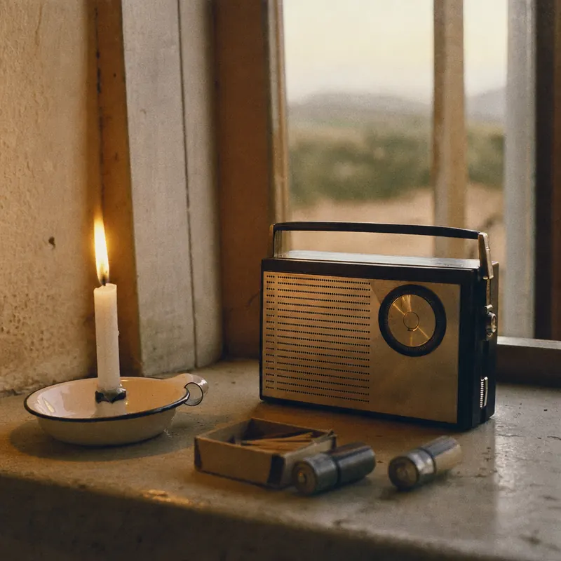 Vela acesa num castiçal de ágata ao lado de um rádio de pilha, fósforos e pilhas na janela
