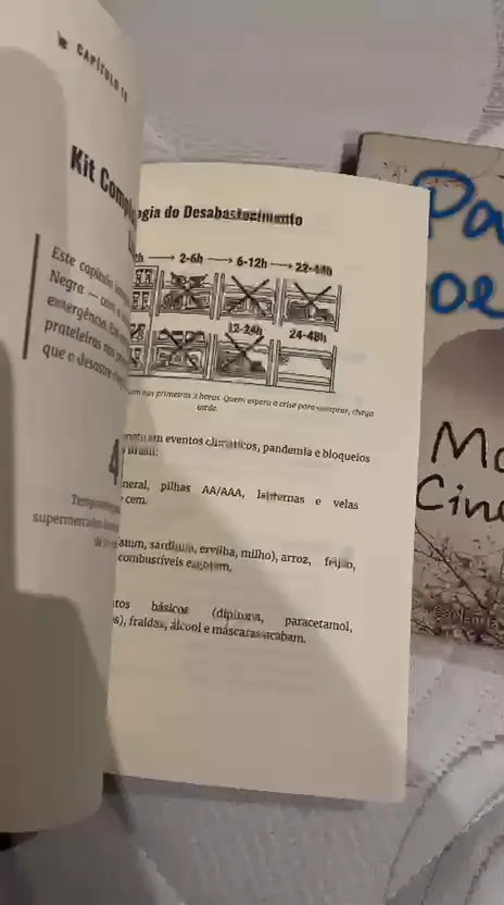 Página do livro com a linha do tempo das primeiras horas sem energia